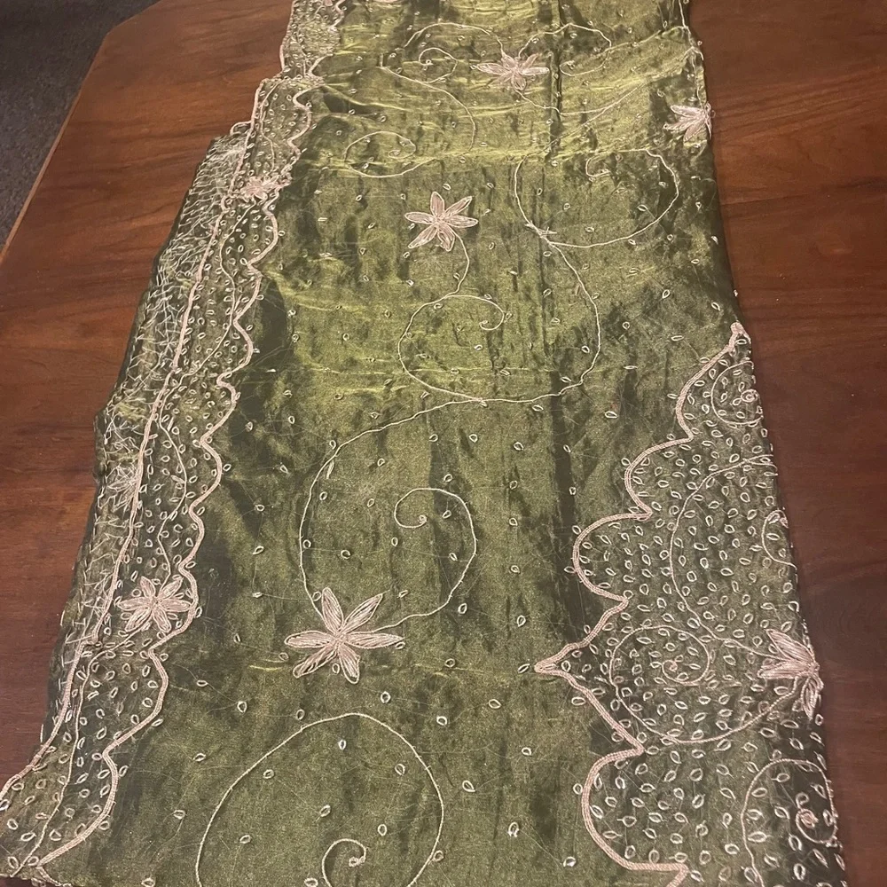 Vintage Style Sheer Gold Embroidered Floral Tablecloth 42” x 83”